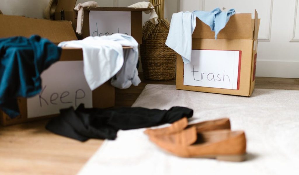 Boxes labeled for sorting clothes: keep, donate, and trash.
