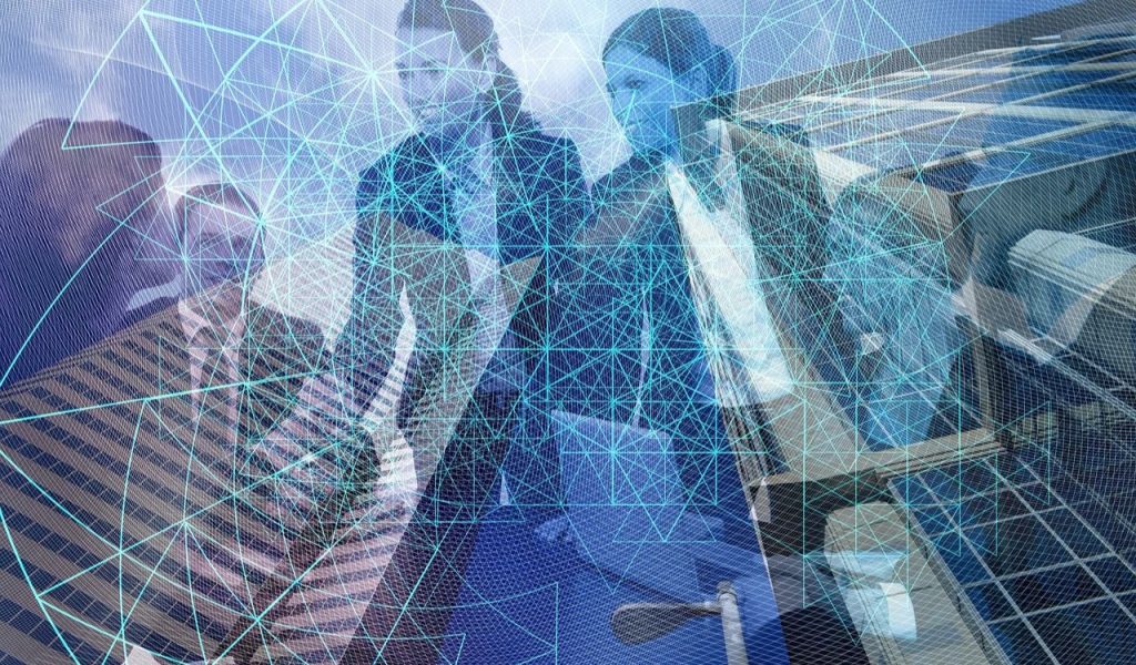 Two professionals in an office with a digital network overlay.