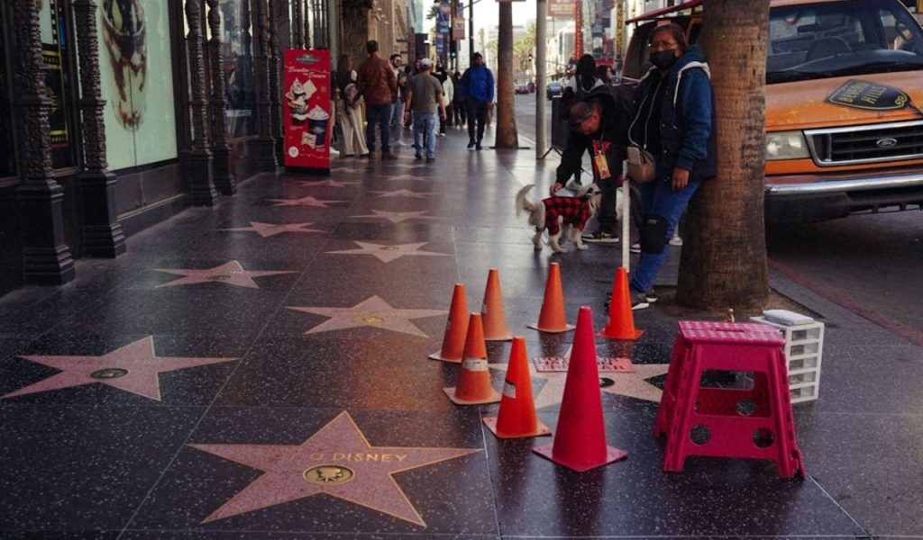 Hollywood Walk of Fame sidewalk with star tiles and orange cones.