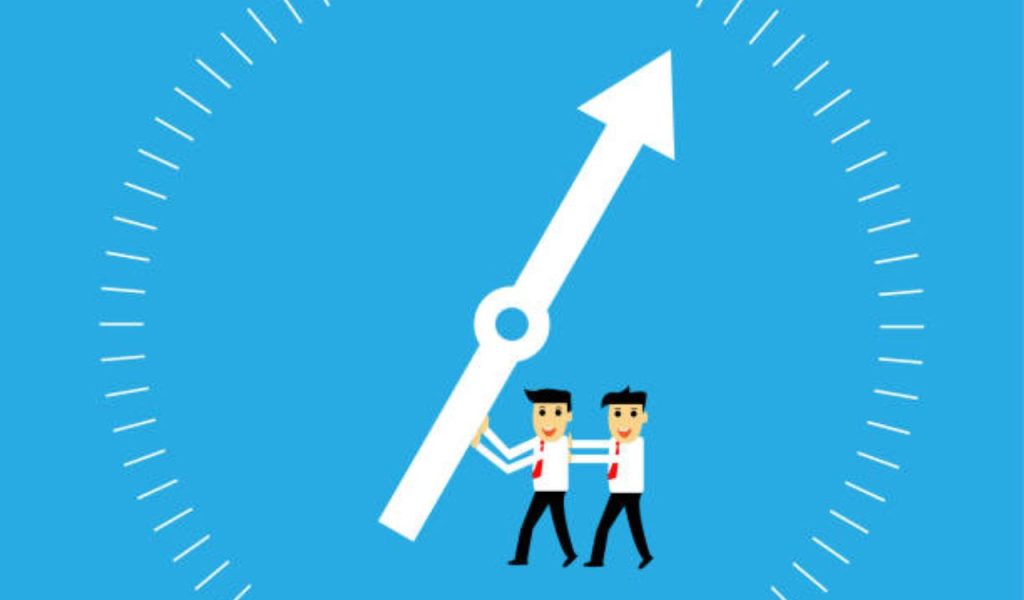 Two cartoon workers moving a clock hand.