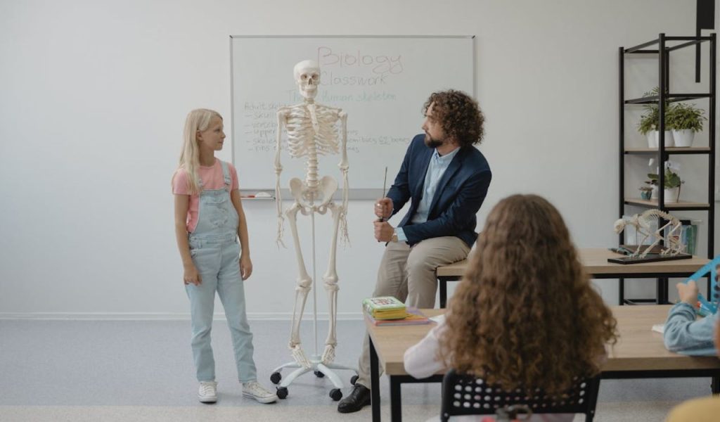 Teacher explaining a skeleton model in a classroom.