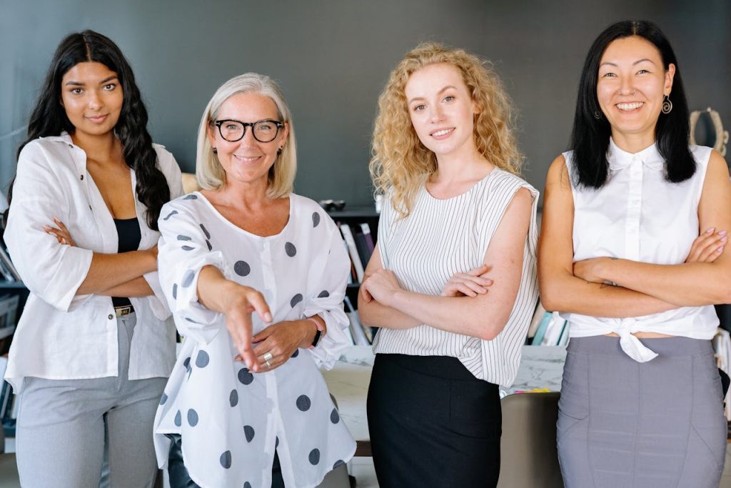 Small workplace interaction with warm body language