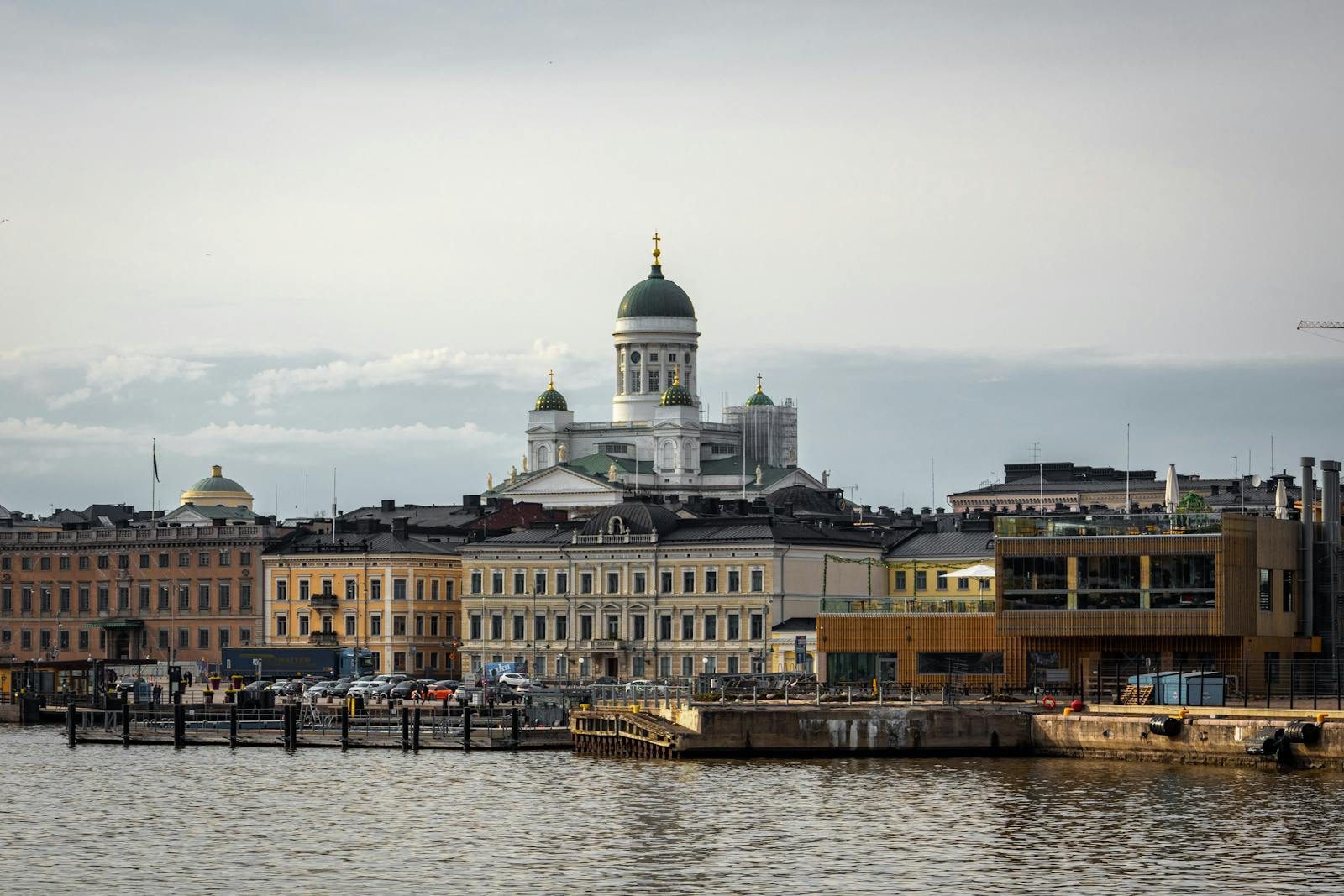 Beautiful view of Helsinki Cathedral and surrounding buildings by the waterfront in Helsinki, Finland.