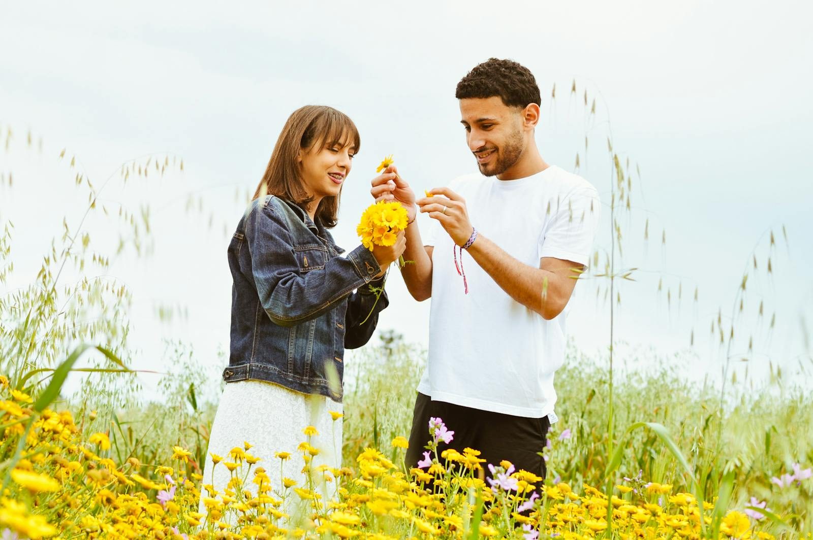 A happy couple picking yellow flowers in a vibrant field, showcasing natural beauty.