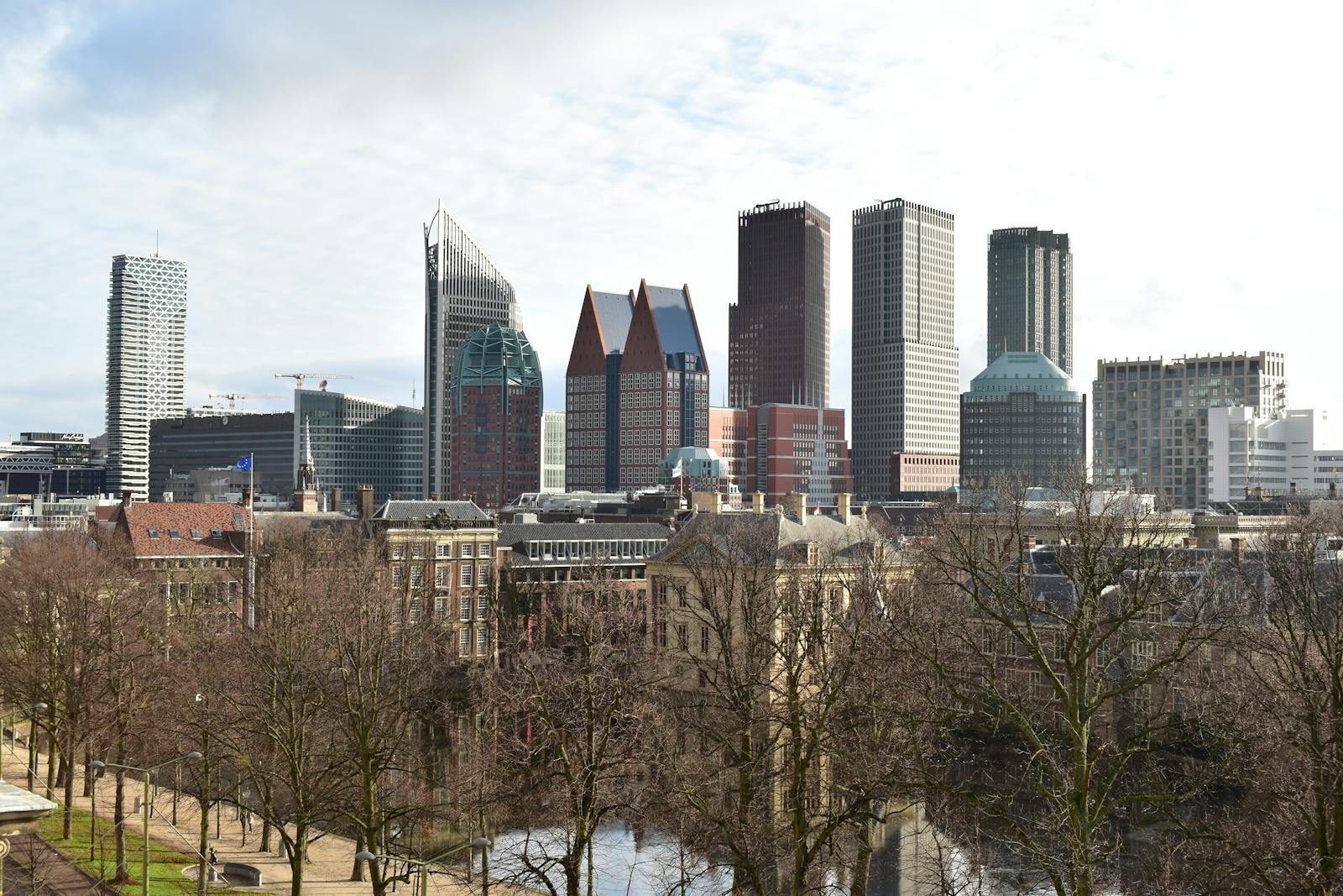 The Hague city skyline featuring modern skyscrapers and urban architecture in winter.