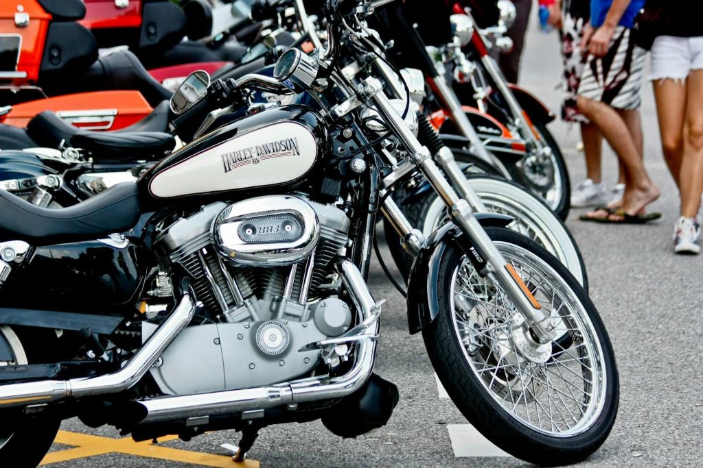 Classic Harley Davidson motorcycles lined up outdoors, capturing a street vibe.