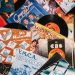 Top view composition of old fashioned vinyl discs in colorful packs heaped on table