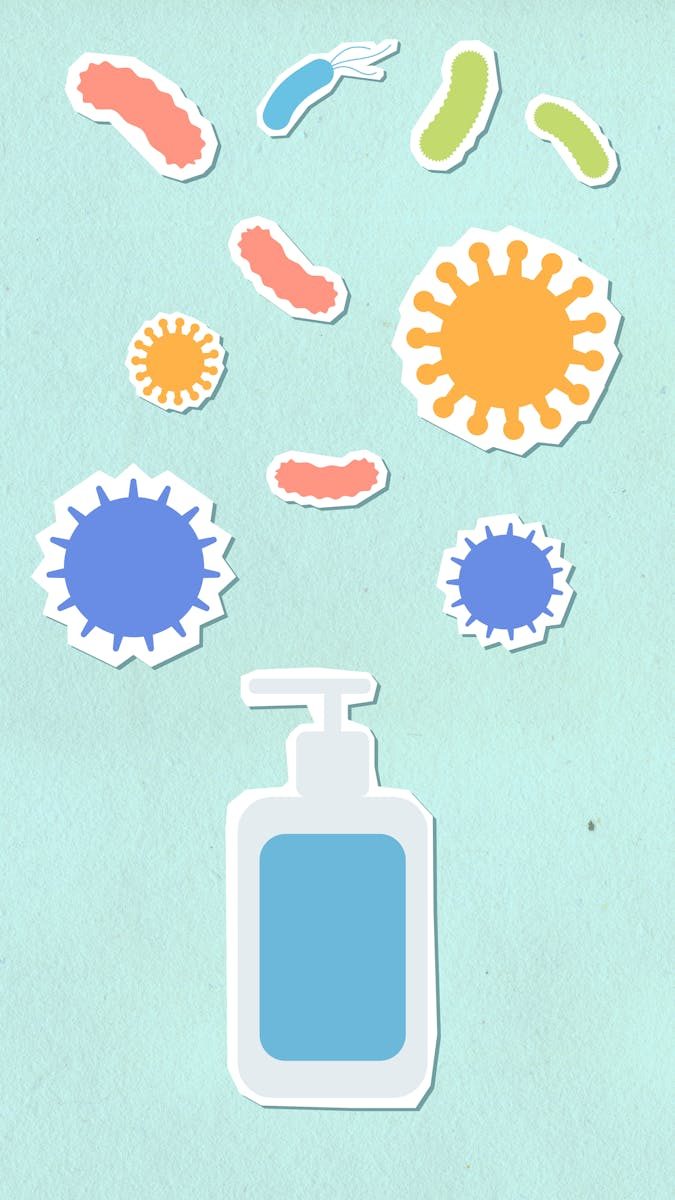 Colorful vector illustration showing hand sanitizer with germs and bacteria on a green background.